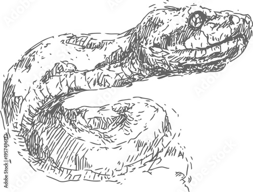 hand drawn snake illustration with detailed scales and textured shading, coiled and alert