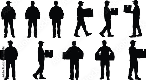 Delivery man silhouette collection featuring courier workers carrying cardboard boxes and packages for shipping, logistics, warehouse, moving service, and postal concepts.