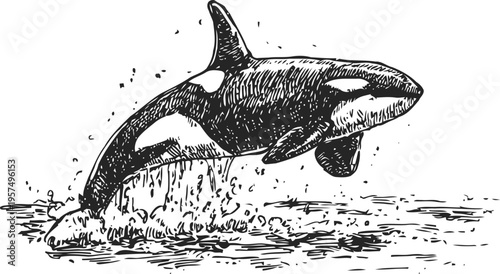 Orca whale breaching the ocean surface black and white killer whale jumping from water, marine wildlife illustration