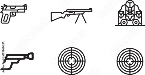 Set of shooting targets and firearms, icon collection, modern minimalist design, sport and recreation objects, graphic elements. Vector illustration