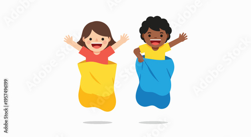 Two joyful children engaging in a lively sack race full of energy and laughter.