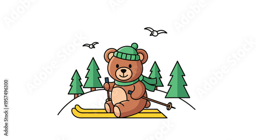 Teddy bear skiing in winter forest landscape vector illustration