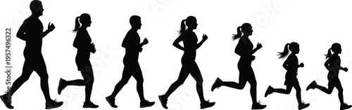 Running people silhouette collection featuring men, women, and children jogging in profile for fitness, marathon, healthy lifestyle, and family sports activity concepts on white background.