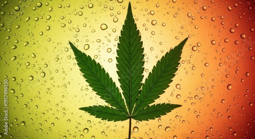 Vibrant cannabis leaf amidst water droplets on a gradient background