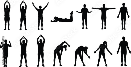Stretching people silhouette collection featuring men and women in various exercise poses for fitness, wellness, healthy lifestyle, warming up, and yoga.