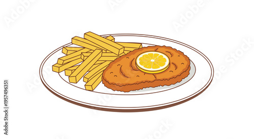 Wiener Schnitzel with Fries and Lemon on White Plate Illustration