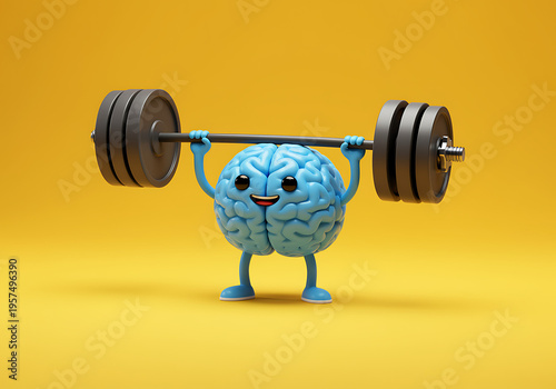 Cartoon brain character lifting heavy weights symbolizing brain fitness and mental strength transparent background
