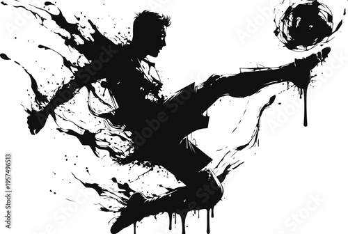 Dynamic soccer player silhouette kicking ball with artistic paint splatter effect in motion
