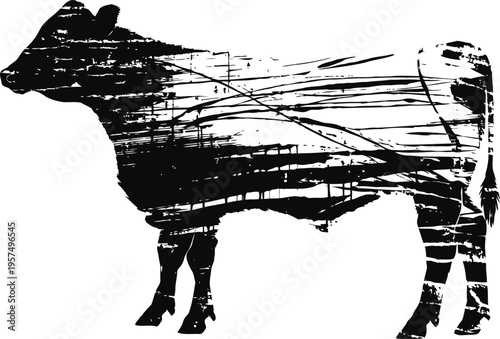Black silhouette of a standing cow with textured grunge scratches and lines