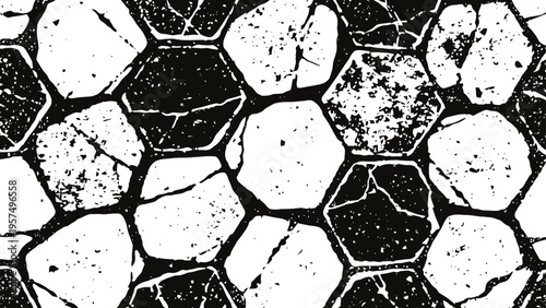 Black and white cracked stone texture pattern irregular polygonal shapes with rough surface and natural cracks abstract grunge background