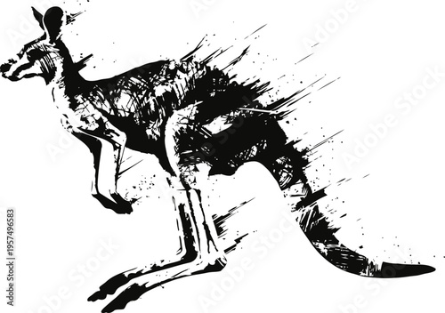 Dynamic abstract kangaroo silhouette with splatter ink effect on white background