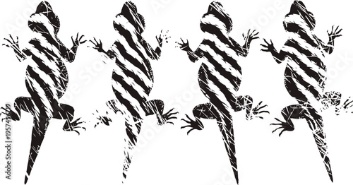 Four black and white stylized lizards with striped patterns in silhouette design