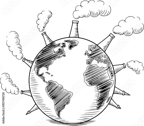 Hand Drawn Earth Planet With Smoke Stacks Emitting Pollution Clouds industry