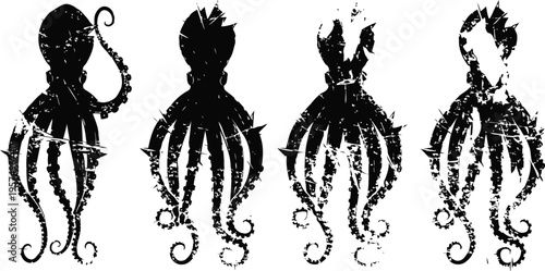 Grunge octopus silhouettes set with various tentacle shapes and distressed texture