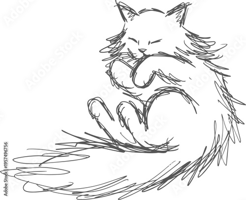 fluffy cat grooming itself sketch relaxed feline with bushy tail and closed eyes hand drawn pet animal illustration