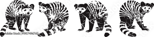 stylized black and white line art of four ring tailed lemurs in different poses