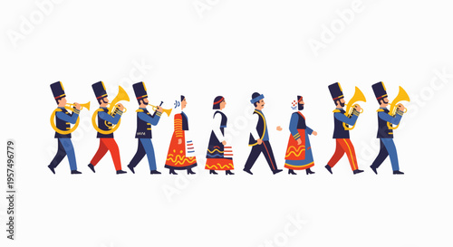 Diverse Group of Musicians and Dancers in Traditional Attire Marching Together.