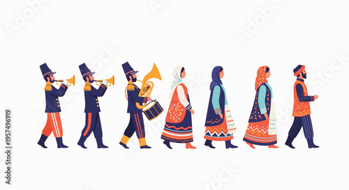 Diverse Group of People in Traditional Attire and Musicians Marching Together.