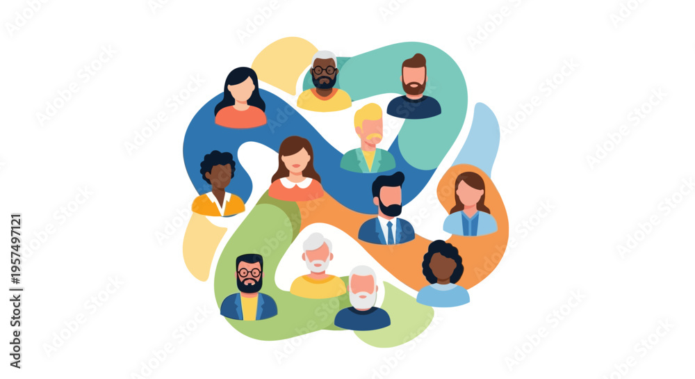 Fototapeta premium Diverse Global Community Network of People Avatars: Teamwork, Social Connection & Inclusion