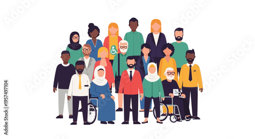 Diverse and Inclusive Community Group. Multi-ethnic, multi-generational people with varying abilities standing together in a modern flat vector illustration.