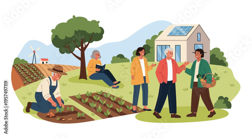 Sustainable Community Garden: People of All Ages Enjoying Nature, Healthy Living & Eco-Friendly Practices with Solar Home & Windmill