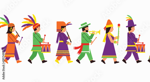 Mardi Gras parade with musicians and dancers in colorful costumes.