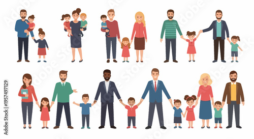 Happy Families & Parents with Kids Collection: Diverse Cartoon Illustrations of Various Family Structures and Parent-Child Bonds