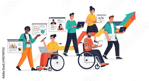 Diverse Business Team Collaborating for Growth and Success, Driving Innovation with Data Analysis and Technology in an Inclusive Workplace