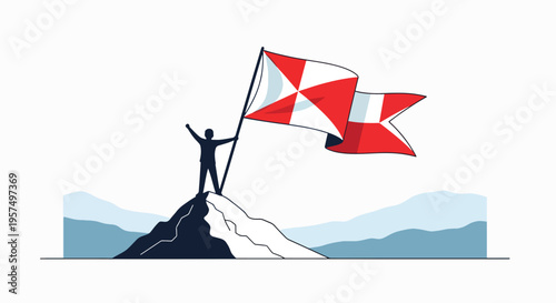 Silhouette of a person triumphantly planting a flag on a mountain peak.