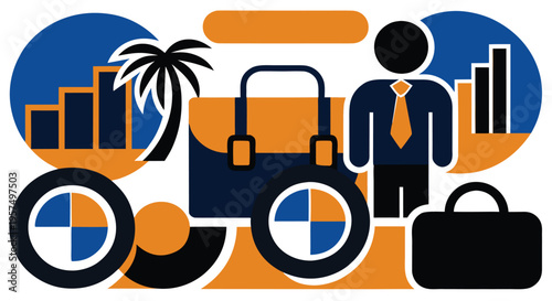 Business and financial growth concept with various elements and a human figure