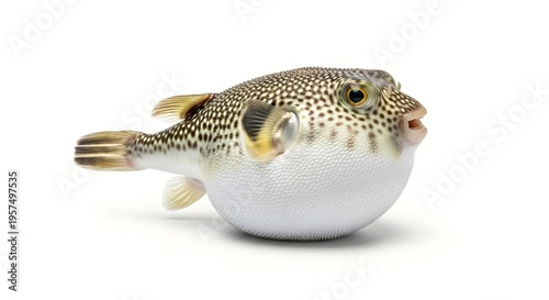A pufferfish inflated with air on a white background