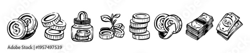 Money icon set, hand drawn coin doodle illustration banking cash cartoon ink brushstroke graphic. Finance business dollar sign economy income growth arrow symbol. Money dollar icon vector illustration
