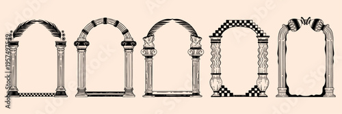 Arch art deco frames, Greek aesthetic pillar border print, vector hand drawn mystic column decor set. Abstract bohemian architecture backgrounds, antique entrance shape. Portal arch frame illustration