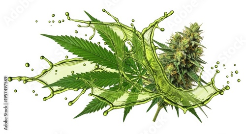 Dynamic depiction of cannabis plant with fluid-like artistic design elements