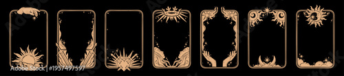 Tarot card frames, esoteric mystic decoration border set vector hand drawn dark celestial background. Astrology medieval mystery cover illustration, vintage sun, moon sign. Tarot card design graphic