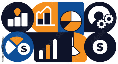 Business finance and strategy icons with charts graphs dollar signs and user analytics concepts