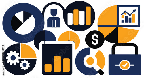 Business finance and management icons with charts graphs pie charts and strategy concepts