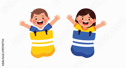 Two cheerful children a boy and a girl happily participating in a sack race their faces beaming with joy and excitement.