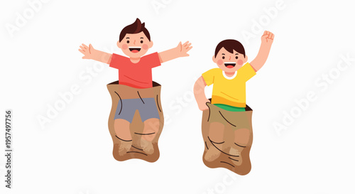 Two cheerful boys participate in a lively sack race having fun outdoors.