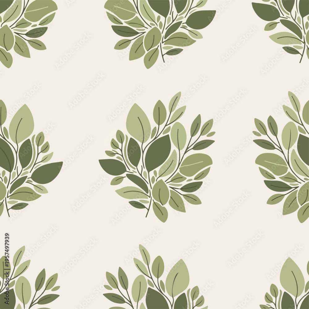 Obraz premium Seamless Botanical Pattern with Lush Green Leaves and Branches. Elegant Nature-Inspired Design for Fabric, Wallpaper, and Digital Backgrounds.