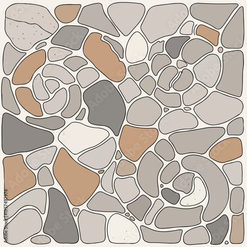 Abstract hand-drawn stone mosaic pattern. Organic natural pebble texture background with various grey and brown rock shapes. Decorative graphic resource for design.
