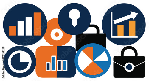 Business growth analysis charts finance strategy and success icons on dark background