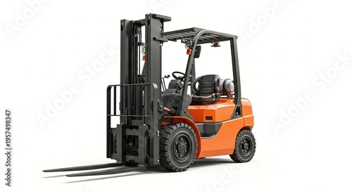 A bright orange forklift with black accents is parked on a white background