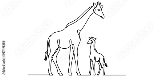 A minimalist single line drawing of an adult giraffe standing next to a small baby giraffe calf
