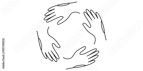 Minimalist line art illustration of four human hands arranged in a circular formation for unity