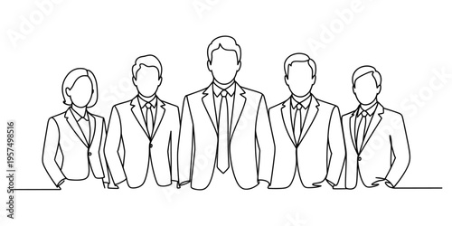 A group of professional business people standing together in a single continuous line art drawing