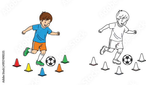 Boy Practicing Soccer Dribbling with Cones, Vector Illustration and Black and White Coloring Page Outline for Kids Education, Sports Training, and Activity Book.