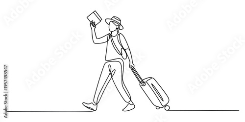 Continuous line drawing of a traveler walking with a suitcase and holding a travel document book