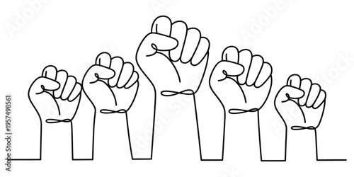 Continuous line drawing of several hands raised in a strong fist to represent unity and protest