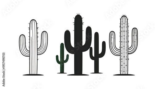 A collection of stylized cactus icons featuring various linear and solid black desert plant designs